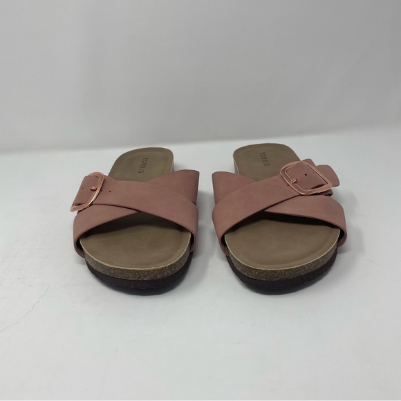 Torrid Pink Rose Gold Cross Buckle Slide Sandals Women’s Size 6.5 Wide Width - Picture 3 of 7